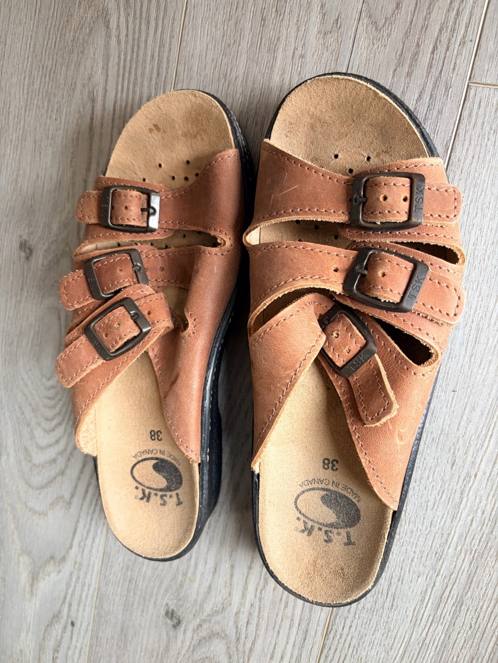 T.S.K. Leather 3 Strap Slip-On Sandals. Size 38/8. Removable InSole.